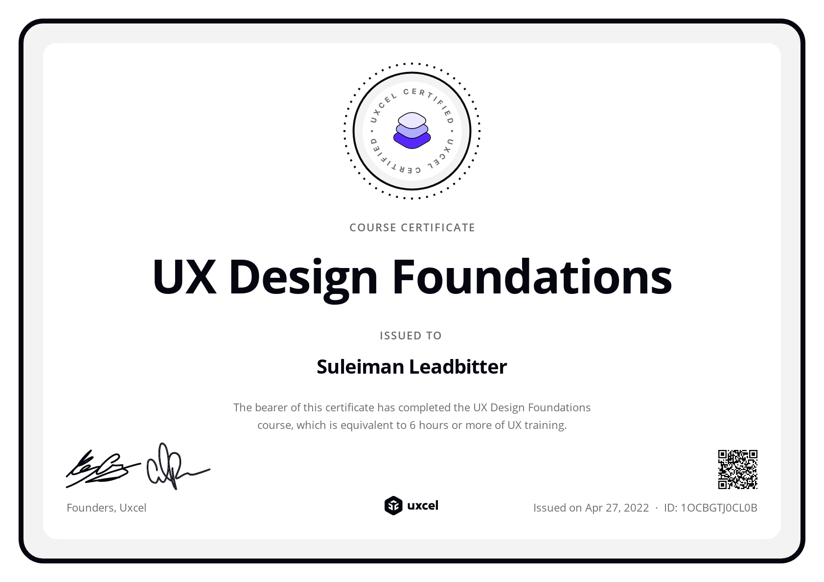 Suleiman Leadbitter's certificate